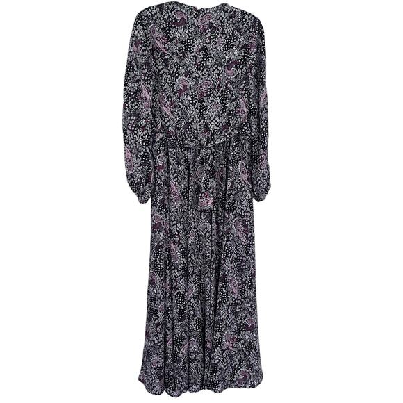 Mikael Aghal Pleated Printed Black Long Sleeve Crepe de Chine Maxi Dress Size 6 - Picture 3 of 10